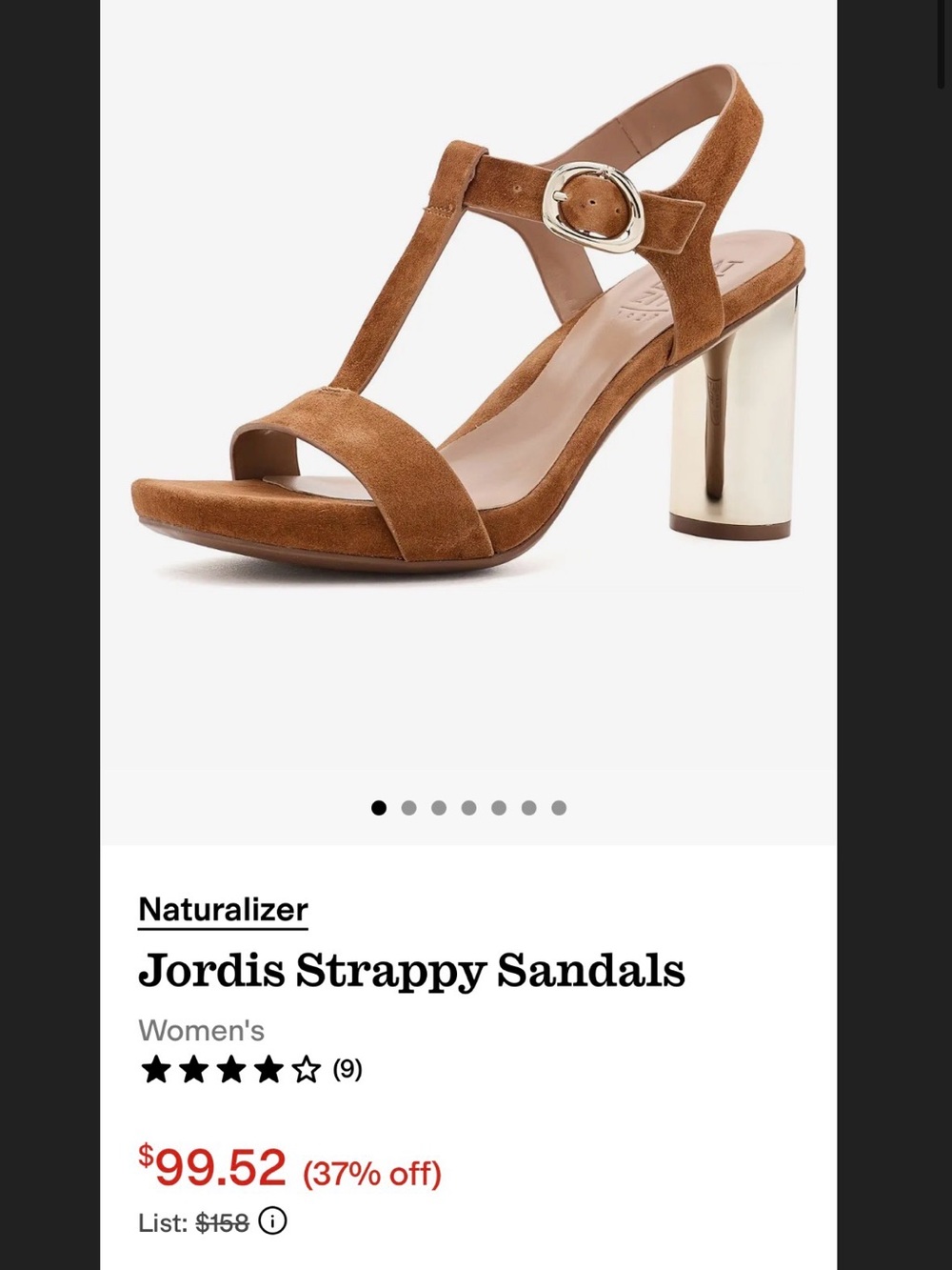 Naturalizer Jordis Suede T-Strap Sandals in Camel Brown with Gold Heel